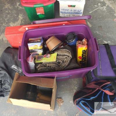 Camping Supplies flash light propane, inflatable mattress, ice chest, picnic table and more!