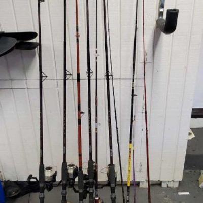 10 Fishing Poles: Brands are oakum, big water,  and shakespeare.

