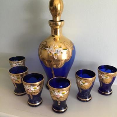 Vintage cobalt blue glass decanter set