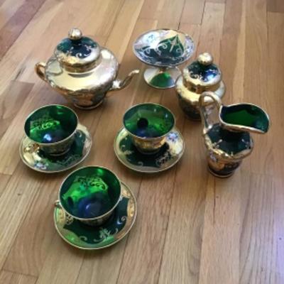 Gold overlay Bohemian emerald green glass collection