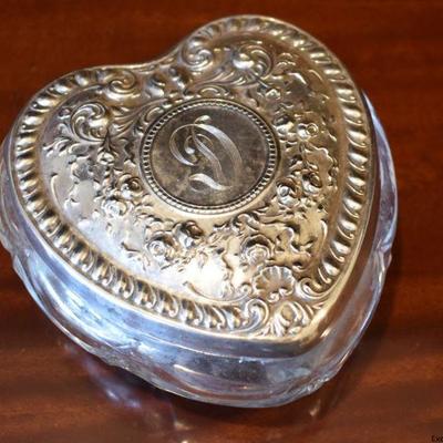 Crystal heart-shaped vanity box with sterling silver lid