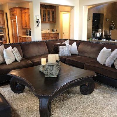 Pottery World sectional, 3 pieces, 11' in each direction.  Pottery World coffee table, 56" square