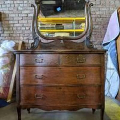 Antique Five Drawer Dresser On Casters With Mirror