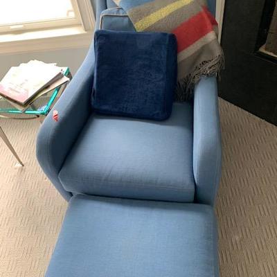 Crate & Barrel Blue Upholstered Arm Chair and Ottoman $225