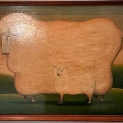 Sheep Oil Painting on Board Framed $225.00