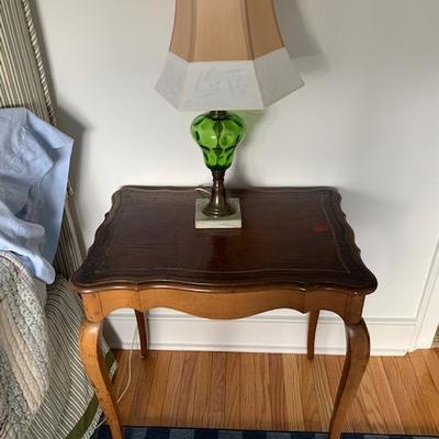 BAKER Walnut Side Table $200  Antique Green Glass Base Lamp $95