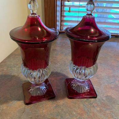Pair of Czech Cranberry Glass Lidded Vases $50