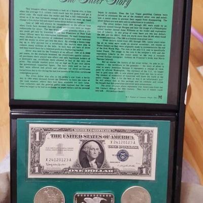 the silver story. silver certificate Morgan silver dollar silver peace dollar and one silver eagle 1 ounce bar