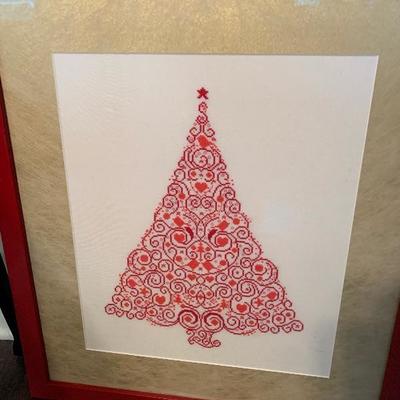 $75-Embroidered Christmas Tree Framed Art