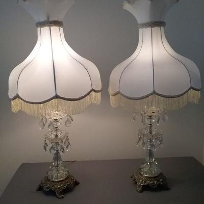 Pair of Vintage Crystal Lamps with Prism and Silk Fringed Shades