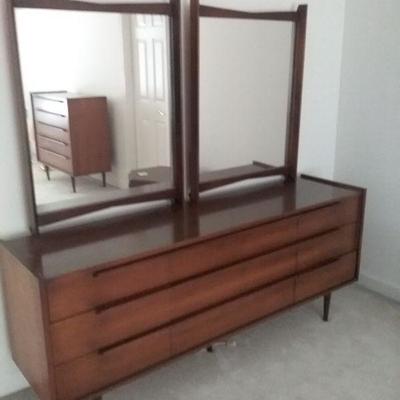 Mid-Century Modern Nine Drawer Dresser with Double Mirrors