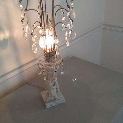 Vintage Lamp with Crystal Hanging Prisms and Cherub Column