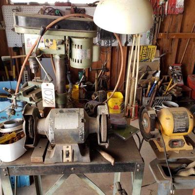 2 Bench Grinders, Drill Press, Bench, Sockets, and Other Misc Tools
2 Bench Grinders, Drill Press, Bench, Sockets, and Other Misc Tools