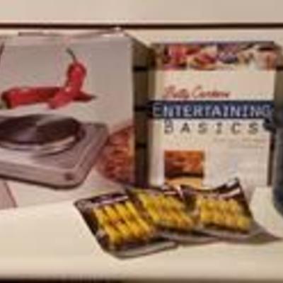 Cooking Items ~ Ambiano Hot Plate (NIB), Enamelware Pot, Betty Crocker Cookbook and Corn Holders