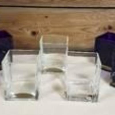9 Square Glass Vases ~ 4 in. x 4 in. x 5 in. ~ clear and purple