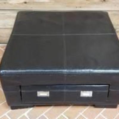 Black Bonded Leatherette Ottoman wSingle Drawer (drawer needs one guide re-attached, included) ~ 33 in. x 33 in. x 16 in.
