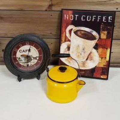 Coffee Cafe Decor - Wall Clock (stand not included), Hot Coffee Wall Art, Vintage YellowBlack Enamelware Kettle