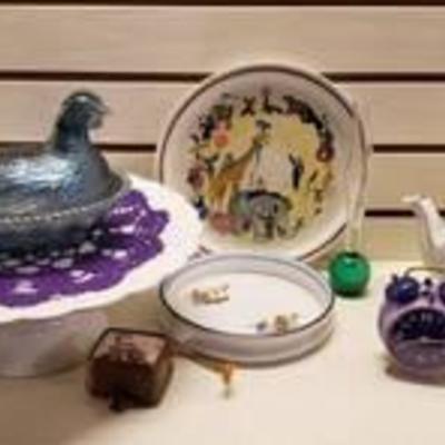 Blue Carnival Glass Hen on Nest, Purple Doily, White Ceramic Pedestal Cake Stand, Vintage Children's Dishes, Goebel Music Box, Glass Ball...