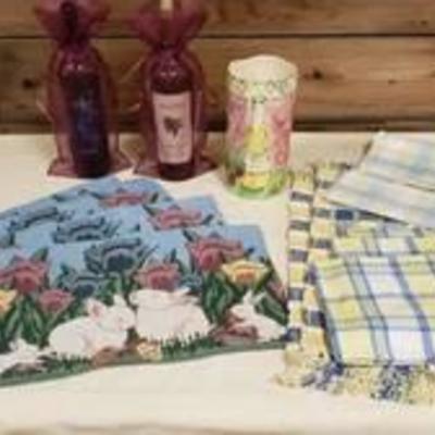Easter Placemats, Ceramic Painted Wine Chiller and Decorative Fabric Wine Gift Bags, Spring Plaid Placemats & Napkins