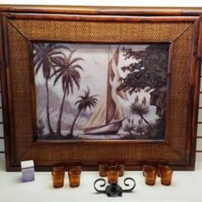 Framed Boat Print~ 36 in. x 30 in., Amber Glass Candle Cups, Iron Candle Holder wTaper Sharpener