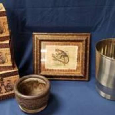 Decorator Stacking Boxes, Planter, Framed Monkey Print and Stainless Steel Waste Can