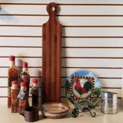 Fruit & Vegetable Kitchen Jar Decor, Handmade Wood Cutting Board, Rooster Plate, Vintage Metal Sifter, Garden Cart Dish, Frankoma Bowl