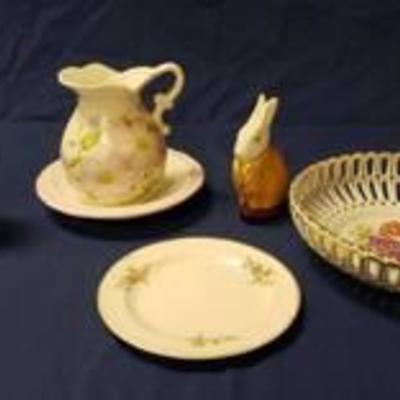 Ceramic Floral PitcherBasin, Ceramic Bunny Treat Holder, Pierced Edge Porcelain Transferware Decor Plate, Vintage Plate, Painted Rabbit