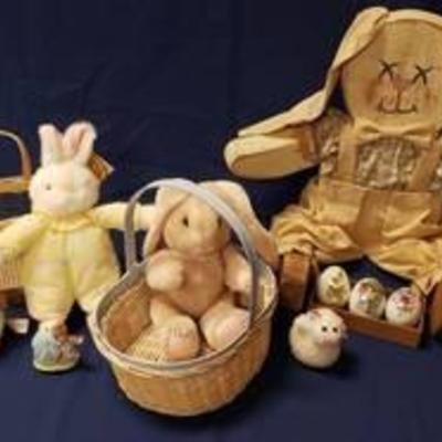 Easter Decor -  Large Wooden Bunny, Set of 3 Ceramic Decor Eggs - 1 is Royal Bayreuth, Plush Bunnies & Duck, Baskets