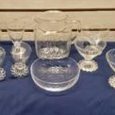 Antique Boopie Sherbet & Cordial Glasses, Pressed Glass Sunburst Pitcher and Fruit Bowl