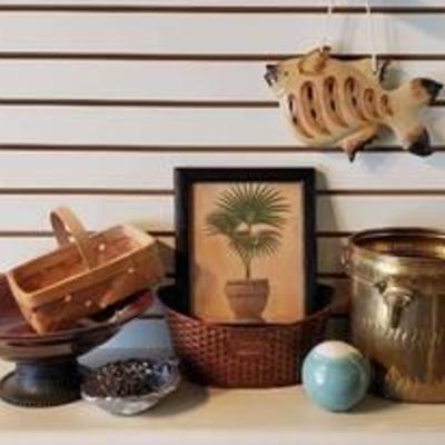Ceramic Fish Wall Decor, Brass Planter, Ceramic Pedestal Bowl, Wilton Armetale Bowl, Decor Ball, Basket & Palm Print