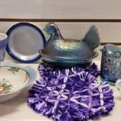 Blue Carnival Glass Hen on Nest, 'Blue Carnival Glass Cane Pattern Creamer, Ceramic Transferware bowl & Planter, Crystal Paperweight, &...