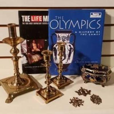 Brass Candlesticks, East Germany J.L.Menau signed Cobalt Porcelain Box, LIFE Millennium Book, History of the Olympics Book