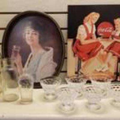 Coca-Cola Metal Tray, Coca-Cola Metal Sign, Antique Apothecary Bottles, Ball Canning Jar, and Set of 6 Fostoria Cube Pattern Sherbet Dishes