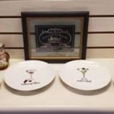 4 Martini Decor Plates, J. Bull Pitcher and Framed Wine Label Wall Decor