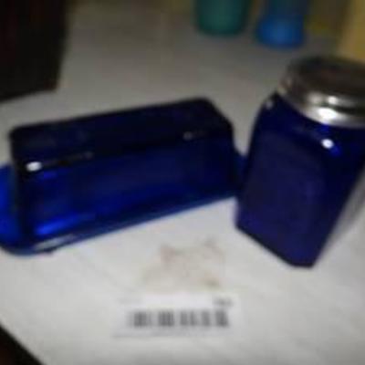 Blue Glass Butter Dish and Shaker