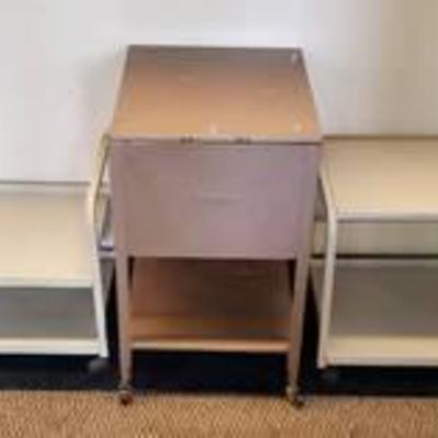 Lot of 2 Small Metal Stands on Casters and Vertiflex Top Load Filing Cabinet ~ Lid Hinges need reattached