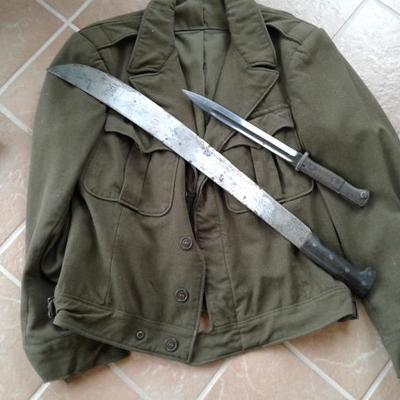 World War II Bayonet, a US Machete, and a Jacket