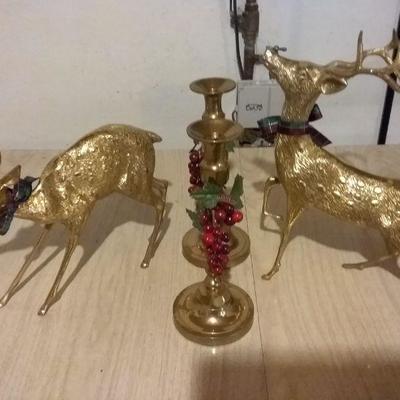Christmas Brass Deer and Candlesticks