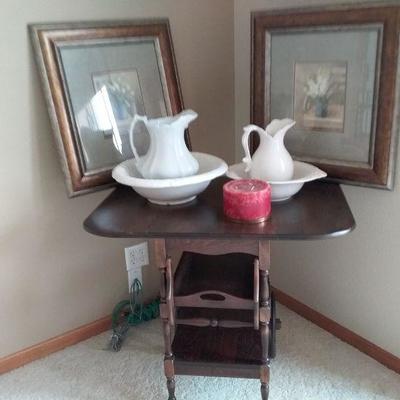 Rolling Bar Drop Leaf Table, 2 Bowls and Pitchers, Matching Floral Prints