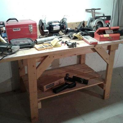 Wooden Workbench, Bench Top Grinder, and Much More