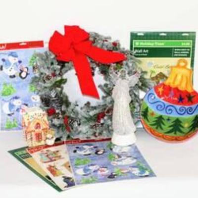 Holiday Christmas Decor - Wreath, Window Clings (new in pkg), Ornament Dish, Gingerbread House Tealight Holder and Lighted Angel Figurine