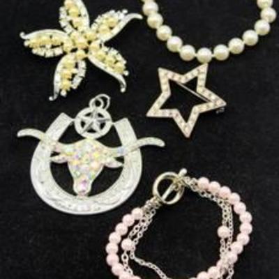 Pearls & Rhinestones Lot - Bracelets, Brooches Pins and Horseshoe Pendant