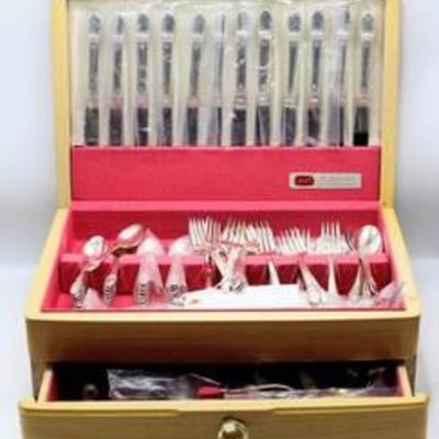 1847 Rogers Bros. 112 piece Silverplate Flatware Set Pattern  First Love plus 2-Drawer Chest