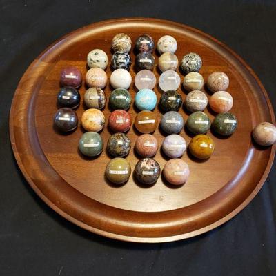 Vintage Wooden Solitaire Game Board w/Natural Stone Marbles