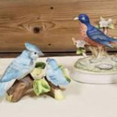 4 Vintage Porcelain Bird Bird Figurines ~ one is Musical