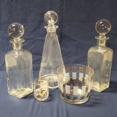 3 Crystal Decanters wHeavy Ball Stoppers, Vintage Ice Bucket and Jigger Shot Glass