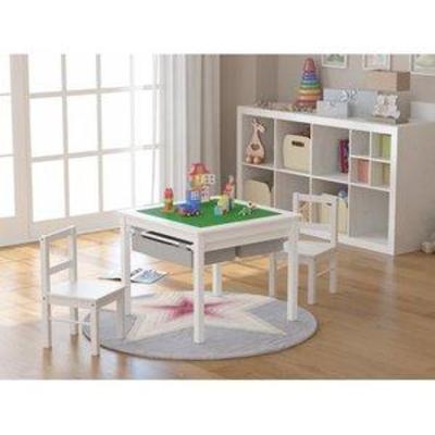 UTEX Wooden 2 In 1 Kids Construction Play Table and 2 Chairs Set with Storage Drawers and Built In Broad, White