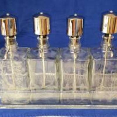Set of 4 Etched Clear Glass Liquor Decanters in Holder ~ holder has Crack on one side