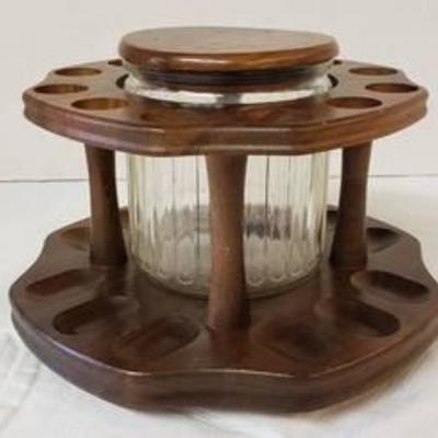 #Walnut Tabletop Lazy Susan Style 12 Pipe Holder with Lidded Tobacco Jar ~ 9 in. wide & 6 in. tall