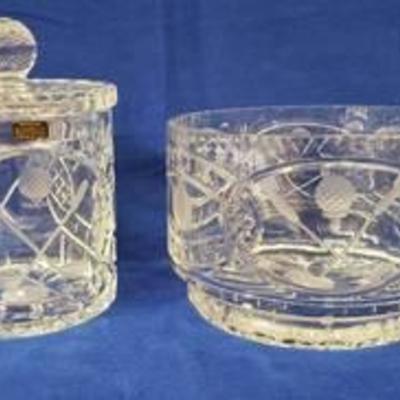 Rovelli 24% Full Lead Crystal ~ Made in Poland ~ Etched Golf Decor on Large Bowl & Candy DishTobacco Dish